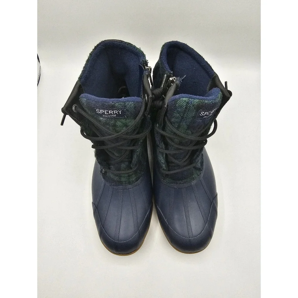 Sperry Womens Saltwater Duck Boots 9M Blue Green Plaid Wool‎ Quilted Preppy